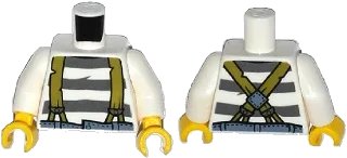 LEGO onderdeel Torso Town Prisoner Olive Green Suspenders over Shirt with Dark Bluish Gray Prison Stripes Pattern / White Arms / Yellow Hands (973pb1909c01)