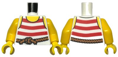 LEGO onderdeel Torso Pirate Tank Top with Red Horizontal Stripes, Dark Orange Rope Belt, Yellow Neck and Shoulders Pattern / Yellow Arms / Yellow Hands (973pb1932c01)