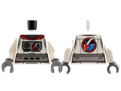 LEGO onderdeel Torso Spacesuit Silver Belt and Chest Piece with Space Shuttle Logo, Front and Back Pattern / White Arms / Dark Bluish Gray Hands (973pb2018c01)