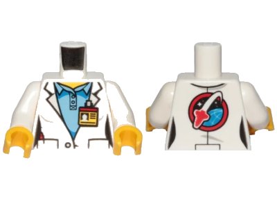 LEGO onderdeel Torso Female Lab Coat over Medium Blue Shirt, ID Badge on Front, Space Shuttle Logo on Back Pattern / White Arms / Yellow Hands (973pb2019c01)