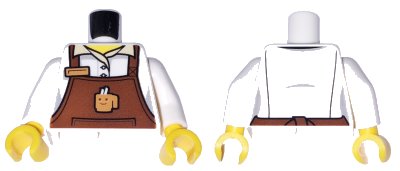 LEGO onderdeel Torso Reddish Brown Apron Female Outline with Cup and Name Tag Pattern / White Arms / Yellow Hands (973pb2033c01)