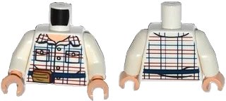LEGO onderdeel Torso Red and Blue Box Striped Shirt, Open Collar, Dark Blue Belt with Pouch Pattern / White Arms / Light Nougat Hands (973pb2087c01)
