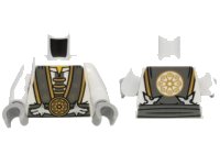 LEGO onderdeel Torso Ninjago Robe with Gray and Gold Trim, Silver Dragons and Gold Flower Symbols Pattern / White Arms / Light Bluish Gray Hands 973pb2095c01