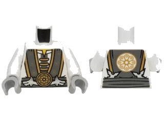 LEGO onderdeel Torso Ninjago Robe with Gray and Gold Trim, Silver Dragons and Gold Flower Symbols Pattern / White Arms / Light Bluish Gray Hands (973pb2095c01)