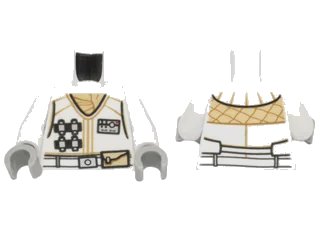 LEGO onderdeel Torso SW Hoth Rebel Vest with ID Badge, Utility Belt and Tan Scarf Pattern / White Arms / Light Bluish Gray Hands (973pb2115c01)