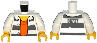 LEGO onderdeel Torso Town Prisoner Number 86737, Dark Bluish Gray Stripes, Orange Shirt Pattern / White Arms / Yellow Hands (973pb2283c01)