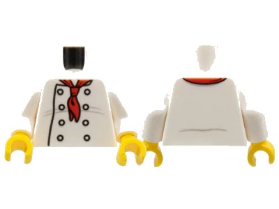 LEGO onderdeel Torso Chef with 8 Buttons, Long Red Neckerchief, Light Bluish Gray Wrinkles and Back Print Pattern / White Arms / Yellow Hands (973pb2335c01)