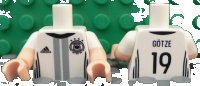 LEGO onderdeel Torso Soccer Shirt with Adidas Logo, 4 Stars and Eagle Front, 'GÖTZE 19' Back Pattern / Light Nougat Arms with Molded White Short Sleeves Pattern / Light Nougat Hands 973pb2383c01