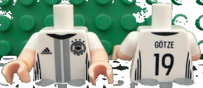 LEGO onderdeel Torso Soccer Shirt with Adidas Logo, 4 Stars and Eagle Front, 'GÖTZE 19' Back Pattern / Light Nougat Arms with Molded White Short Sleeves Pattern / Light Nougat Hands (973pb2383c01)