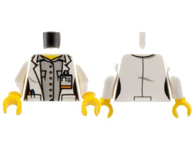 LEGO onderdeel Torso Female Lab Coat Open with Pockets and ID Badge over Light Bluish Gray Button Up Shirt, Yellow Neck Pattern / White Arms / Yellow Hands (973pb2505c01)