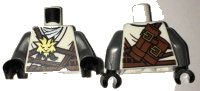 LEGO onderdeel Torso Ninjago Brown Rope, Gold Medallion and Silver Undershirt Front, Scabbards on Back Pattern / Flat Silver Arms / Black Hands 973pb2518c01
