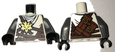 LEGO onderdeel Torso Ninjago Brown Rope, Gold Medallion and Silver Undershirt Front, Scabbards on Back Pattern / Flat Silver Arms / Black Hands (973pb2518c01)