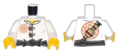 LEGO onderdeel Torso Ninjago Dark Orange Flower Medallion and Toggle Buttons, Black Sash, Pipe on Back Pattern / White Arms / Yellow Hands (973pb2534c01)
