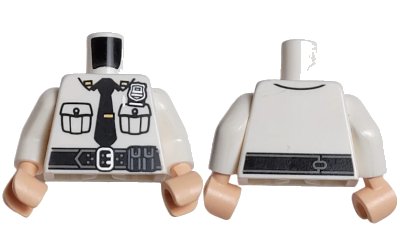 LEGO onderdeel Torso Police Shirt with Black Tie, Silver Badge, Black Belt with Pouch and Buckle on Front, Line on Back Pattern / White Arms / Light Nougat Hands (973pb2593c01)