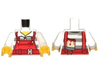 LEGO onderdeel Torso Overalls Red over Prison Stripes Shirt, Dark Red Belt, Dirt Stains and Paint Brush on Back Pattern / White Arms / Yellow Hands 973pb2601c01