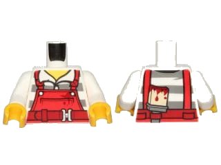 LEGO onderdeel Torso Overalls Red over Prison Stripes Shirt, Dark Red Belt, Dirt Stains and Paint Brush on Back Pattern / White Arms / Yellow Hands (973pb2601c01)
