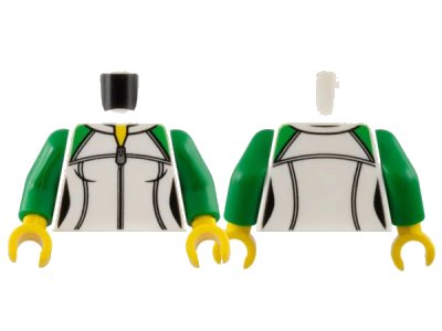 LEGO onderdeel Torso Female Sweatshirt with Silver Zipper and Green Shoulders, Yellow Neck Pattern / Green Arms / Yellow Hands (973pb2607c01)