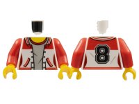 LEGO part Torso Female Jacket Open, Light Bluish Gray Shirt with Red Collar, Yellow Neck, Black Number 8 on Back Pattern / Red Arms / Yellow Hands 973pb2626c01