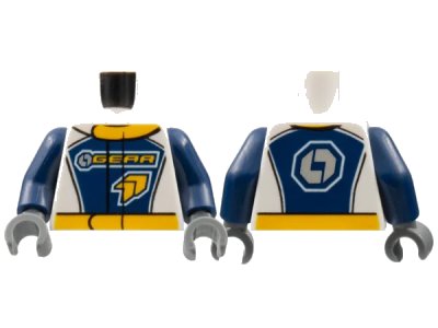 LEGO onderdeel Torso Racing Suit with 'GEAR' Racing Team Logo on Front and Gear on Back Pattern / Dark Blue Arms / Dark Bluish Gray Hands (973pb2684c01)