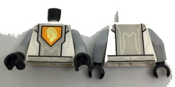 LEGO part Torso Nexo Knights Armor, Silver Circuits, Light Bluish Gray Panel, Orange Emblem, Yellow Horse Head Pattern / Light Bluish Gray Arms / Black Hands (973pb2744c01)