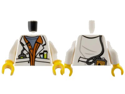LEGO onderdeel Torso Lab Coat with Sand Blue Undershirt and Test Tubes and Instrument in Pockets Pattern / White Arms / Yellow Hands (973pb2745c01)