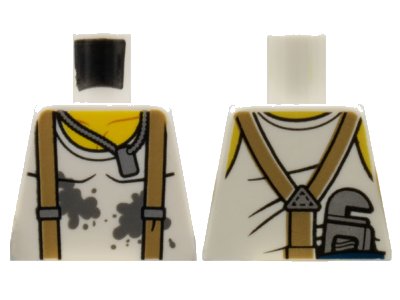LEGO onderdeel Torso Shirt with Dark Bluish Gray Splotches, Dark Tan Suspenders, Dog Tag Necklace, and Wrench on Back Pattern (973pb2754)