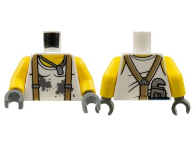 LEGO onderdeel Torso Shirt with Dark Bluish Gray Splotches, Dark Tan Suspenders, Dog Tag Necklace, and Wrench on Back Pattern / Yellow Arms / Dark Bluish Gray Hands (973pb2754c01)
