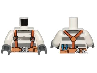 LEGO onderdeel Torso Town Prisoner Number 621, Gray Stripes, Suspenders and Belt with Pliers and Rope Pattern / White Arms / Dark Bluish Gray Hand (973pb2759c01)