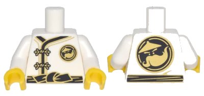LEGO onderdeel Torso Ninjago Robe with Gold Frog Clasps, Black Sash and Gold Sensei Wu Emblem Front and Back Pattern / White Arms / Yellow Hands (973pb2784c01)