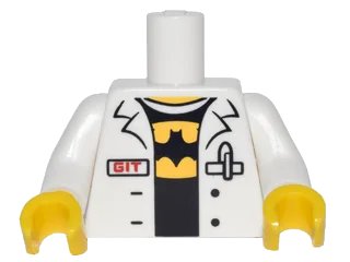 LEGO onderdeel Torso Lab Coat with Pen and Red 'GIT' over Black Shirt with Yellow Batman Logo Pattern / White Arms / Yellow Hands (973pb2800c01)