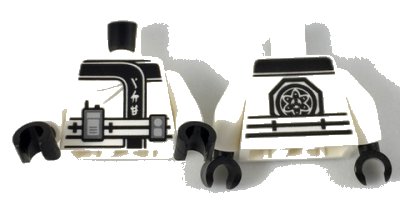LEGO onderdeel Torso Ninjago Robe with Ninjago Logogram 'ICE', Belt with Radio and Black Emblem Pattern / White Arms / Black Hands (973pb2806c01)
