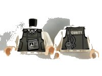 LEGO part Torso Dark Bluish Gray Body Armor Vest over Shirt, Light Bluish Gray Tie, ID Badge, 'SECURITY' and Silver Radio on Back Pattern / White Arms / Light Nougat Hands 973pb2917c02