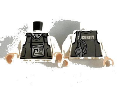 LEGO onderdeel Torso Dark Bluish Gray Body Armor Vest over Shirt, Light Bluish Gray Tie, ID Badge, 'SECURITY' and Silver Radio on Back Pattern / White Arms / Light Nougat Hands (973pb2917c02)