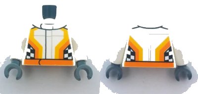 LEGO onderdeel Torso Racing Jacket with Orange Stripes and Checkered Flag on Front and Back Pattern / White Arms / Dark Bluish Gray Hands) (973pb2930c01)