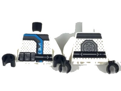 LEGO onderdeel Torso Ninja Robe with Silver and Dark Azure Trim, Ninjago Logogram 'ICE', Black Belt with Silver Pouches, Symbol on Back Pattern / White Arms / Black Hands (973pb2999c01)