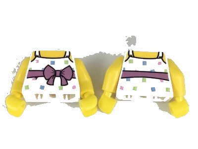 LEGO onderdeel Torso Female Top with Straps, Medium Lavender Belt with Bow, Bright Colored Squares Pattern / Yellow Arms / Yellow Hands (973pb3072c01)