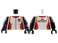 LEGO onderdeel Torso Female Jumpsuit, Red Collar and Side Panels, 'S' on Front Pocket, Red Mountains and Black 'Sport' on Back Pattern / Black Arms / Black Hands 973pb3161c01