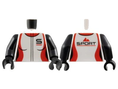 LEGO onderdeel Torso Female Jumpsuit, Red Collar and Side Panels, 'S' on Front Pocket, Red Mountains and Black 'Sport' on Back Pattern / Black Arms / Black Hands (973pb3161c01)