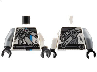 LEGO onderdeel Torso Ninjago Belts and Carabiner on Ring Pattern / White Arm Left / Flat Silver Arm Right / Black Hands (973pb3264c01)