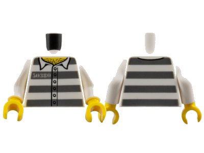 LEGO onderdeel Torso Town Prisoner Number 50380, Dark Bluish Gray Stripes, 6 Buttons, Hairy Chest Pattern / White Arms / Yellow Hands (973pb3374c01)