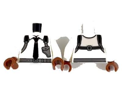 LEGO onderdeel Torso Shirt with Black Tie and Dark Bluish Gray Shoulder Holster Pattern / White Arms / Reddish Brown Hands (973pb3381c01)