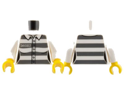 LEGO onderdeel Torso Town Prisoner Female, Number 50382, Dark Bluish Gray Stripes, 6 Buttons Pattern / White Arms / Yellow Hands (973pb3396c01)