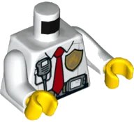 LEGO onderdeel Torso Fire Chief Shirt with Tie, Fire Logo Badge and Belt with Pouch and Radio Pattern / White Arms / Yellow Hands (973pb3397c01)