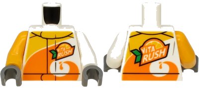 LEGO onderdeel Torso Jacket with Orange Spiral, 'ViTA RUSH' Logo Pattern on Front and Back / White Arm Left / Bright Light Orange Arm Right / Dark Bluish Gray Hands (973pb3407c01)