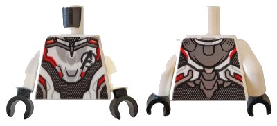 LEGO onderdeel Torso Armor with Black Avengers Logo and Panel with Silver Dots, Red and Light Bluish Gray Trim Pattern / White Arms / Black Hands (973pb3482c01)