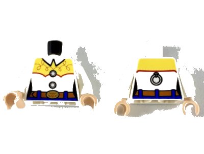 LEGO onderdeel Torso Female Western Shirt with Collar, Yellow Shoulders with Red Stitching, Reddish Brown Belt and Gold Buckle Pattern / White Arms / Light Nougat Hands (973pb3580c01)
