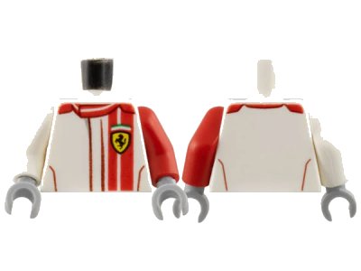 LEGO onderdeel Torso Speed Champions with Red Stripes and Ferrari Logo Pattern / Red Arm Left / White Arm Right / Light Bluish Gray Hands (973pb3586c01)