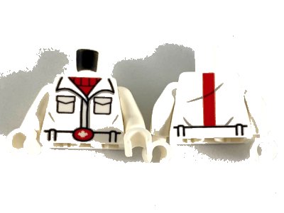 LEGO onderdeel Torso Shirt with Wide Collar, Red Shirt and Belt Buckle with White Maple Leaf Pattern / White Arms / White Hands (973pb3595c01)