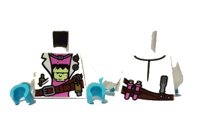 LEGO onderdeel Torso Female Lab Coat over Dark Pink Undershirt with Frankenstein Design and Reddish Brown Belt Pattern / White Arms / Medium Azure Hands (973pb3623c01)
