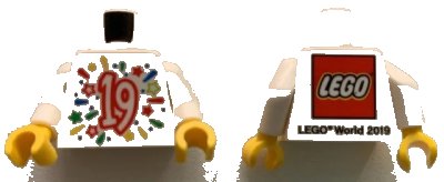 LEGO onderdeel Torso LEGO World 2019 with Splash of Colors, Stars and Number 19 Pattern / White Arms / Yellow Hands (973pb3703c01)